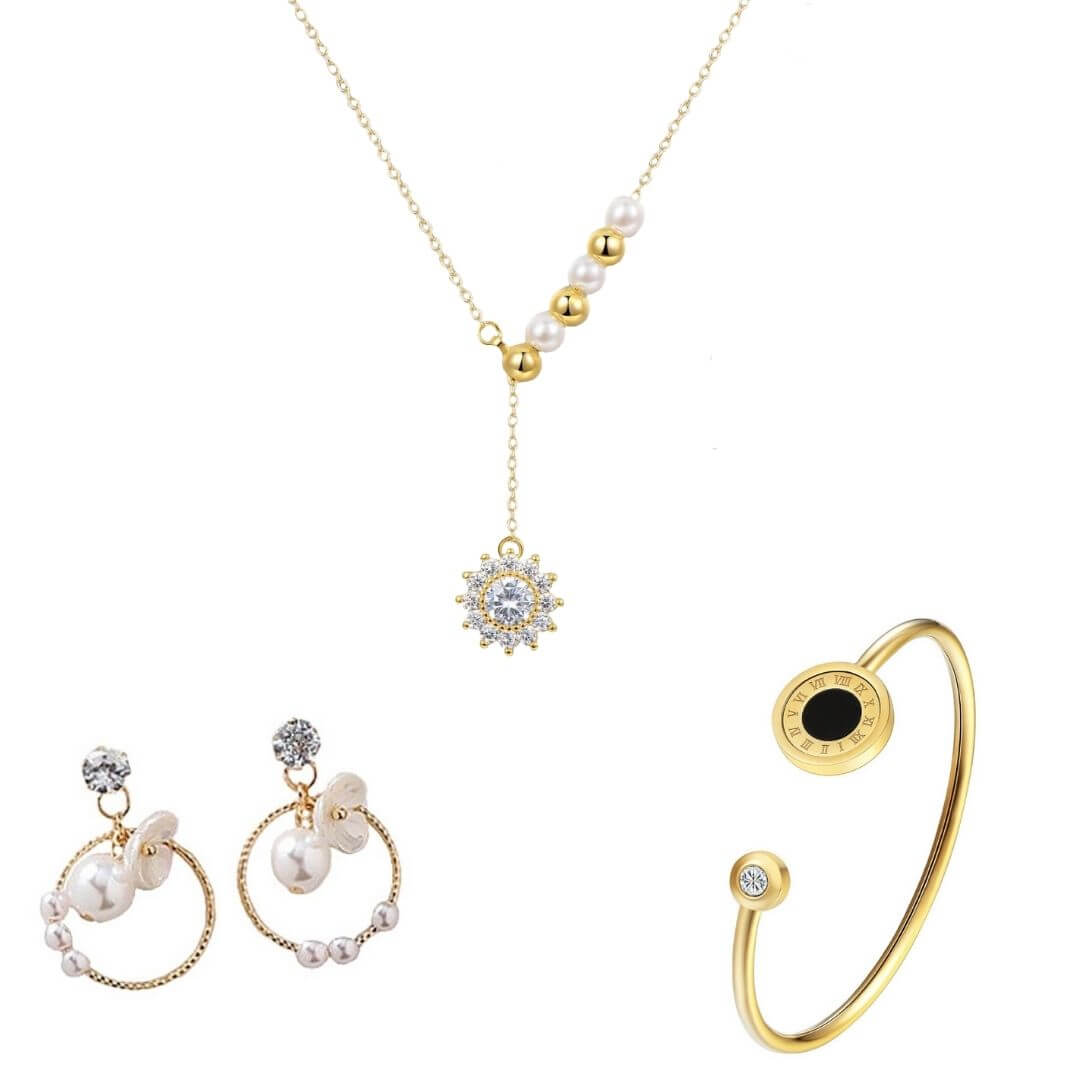 White Dangling Earrings + Rotating Bracelet + Clear Zircon Gold Pendant-Belle de Soiree gold zircon jewellery bundle on sale