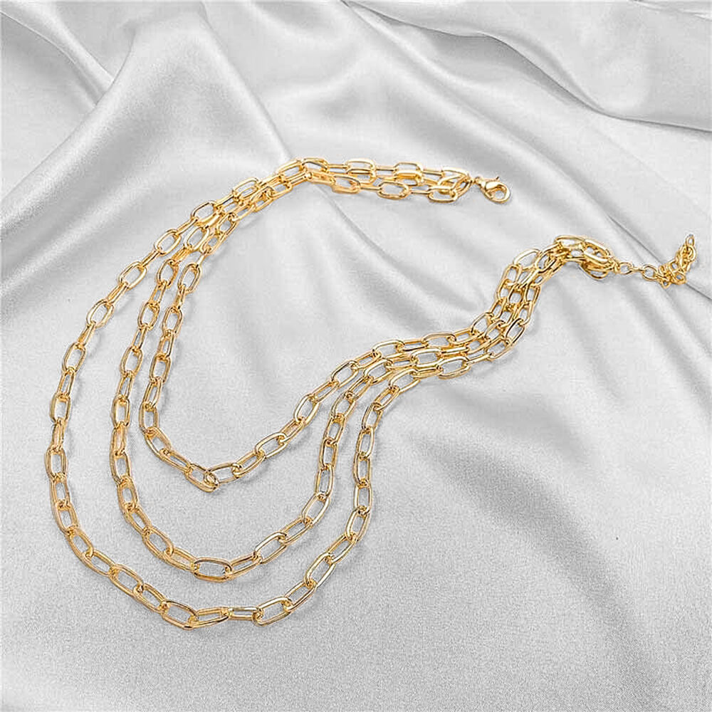 Gold Layered Chain Necklace shown flat with its 3 layers- BELLE DE SOIREE Gold Layered Chain Necklace