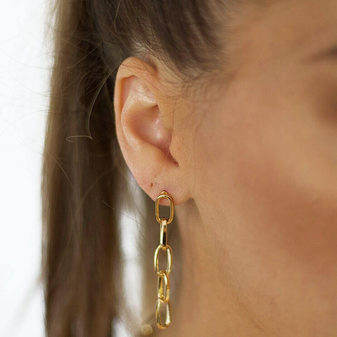 Gold Plated Drop Chain Earrings-BELLE DE SOREE