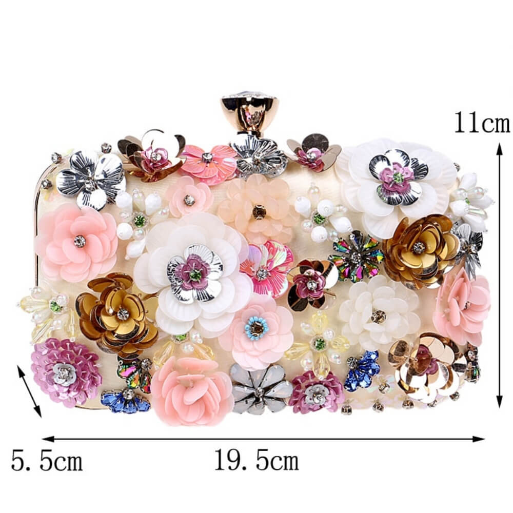 Satin Rhinestones Bag Iris  showing its measurements on a white background-  belledesoiree.com