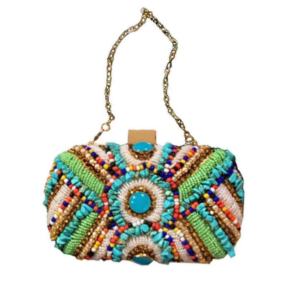Colourful Beaded Bag shown with the gold chain - belle de soiree beaded bag Josephine 
