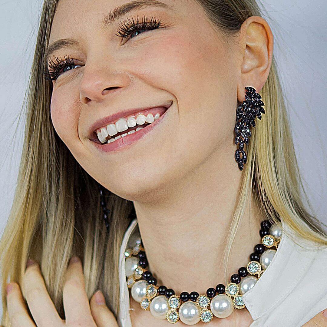 Black Pearl Choker &amp; Matching Crystal Earrings Set