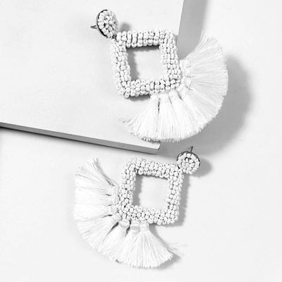 White Handmade Beaded Tassel Earrings Merignac