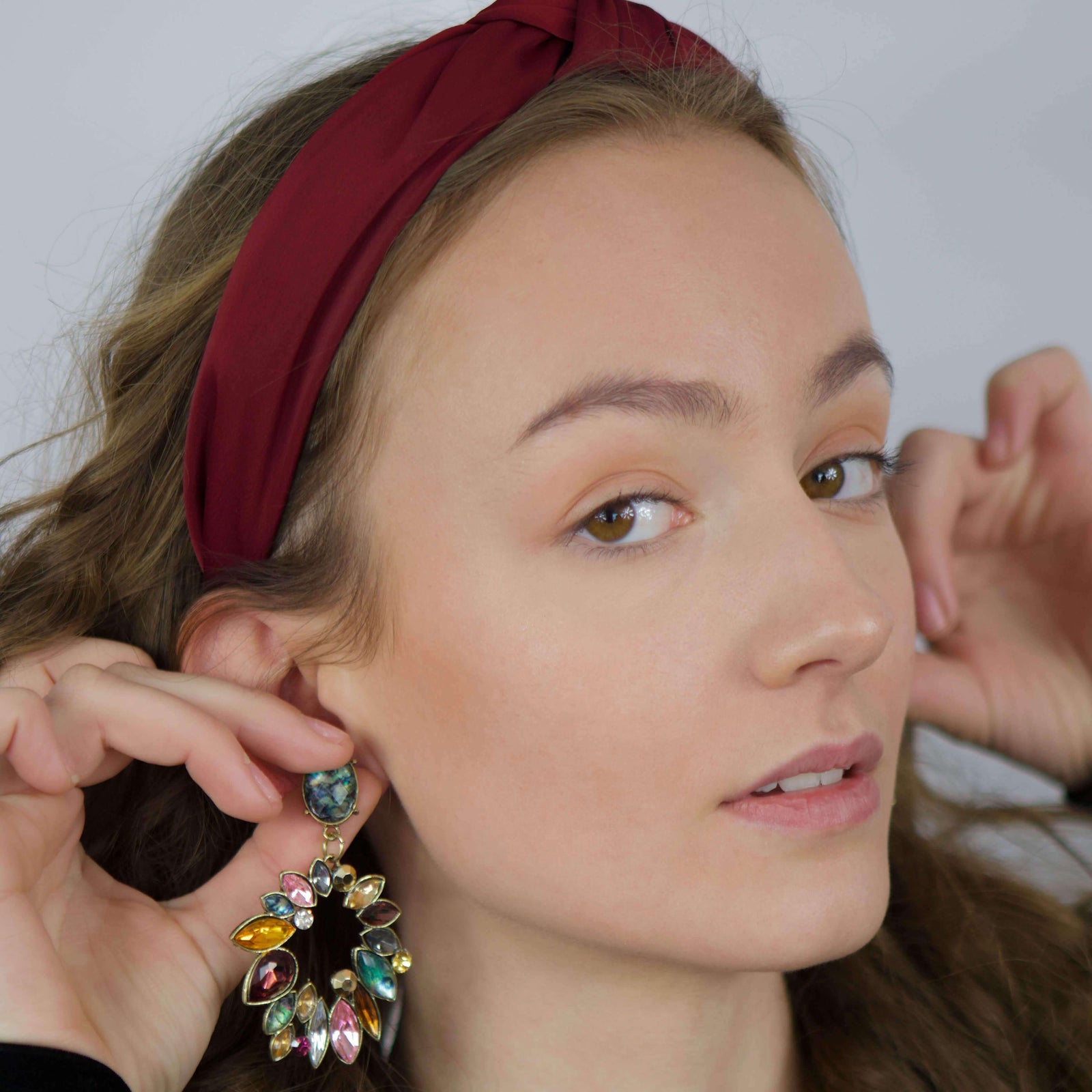 Mixt Colour Earrings shown on a model with a burgundy hair piece- BELLE DE SOIREE Juan Les Pins earrings