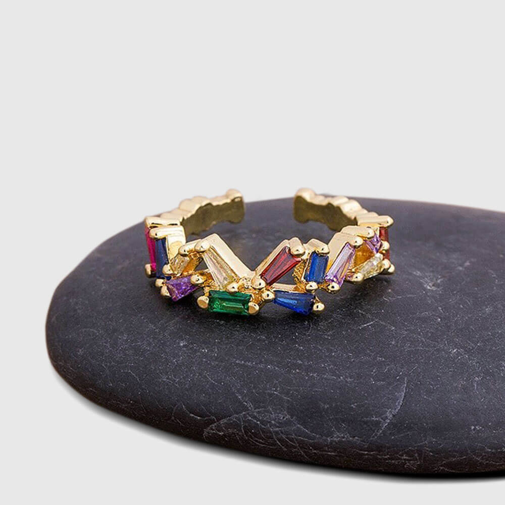 Multicolour Gem Open Ring presented on a black rock-belledesoiree