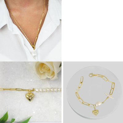 Pearl Gold Charm Bracelet + Chain Heart Necklace or +  Freshwater Pearl Silver Necklace