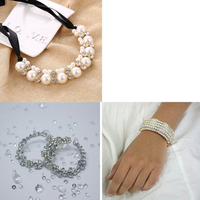 Rhinestone Rose Gold Bracelet + Olga White Pearl Necklace + Crystal Earrings