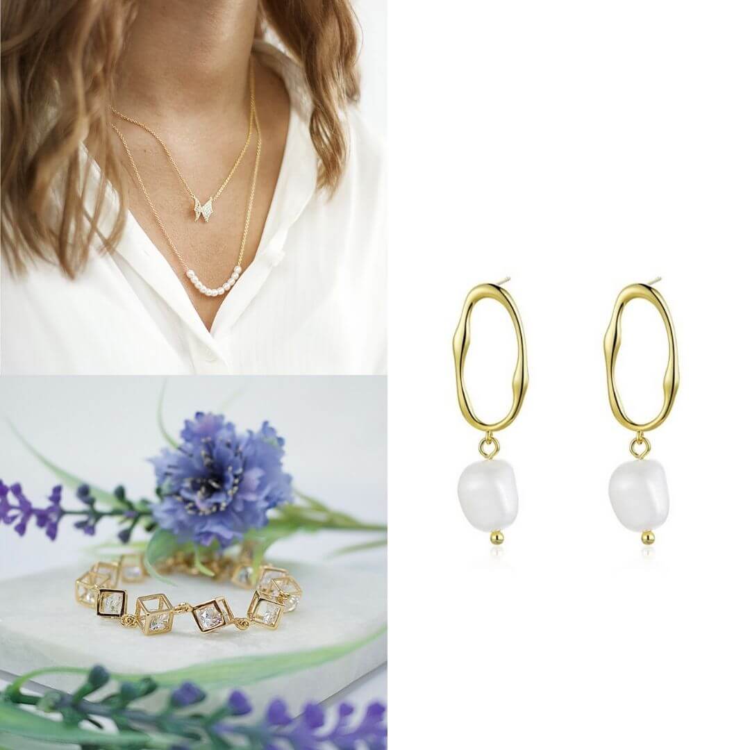 Layered Necklace + Cube Gold Charm Bracelet + Sterling Silver Pearl Earrings