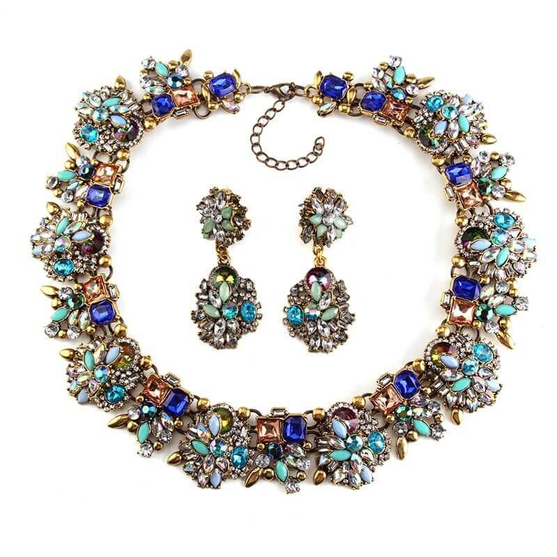 Vintage Blue Crystal Statement Jewellery Set Paula  -belledesoiree.com