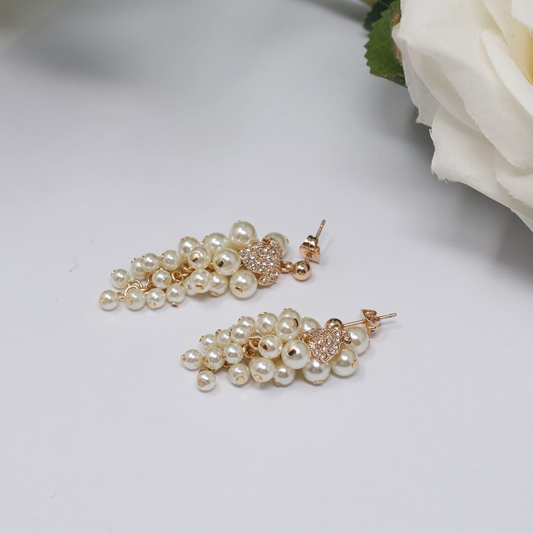 White Pearl & Crystal Earrings shown flat- BELLE DE SOIREE White Pearl Crystal Earrings