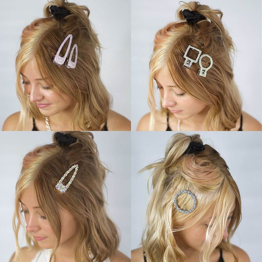 Pearl Diamond Rhinestone Clip Sets shown on the same model over 4 pictures-belledesoiree