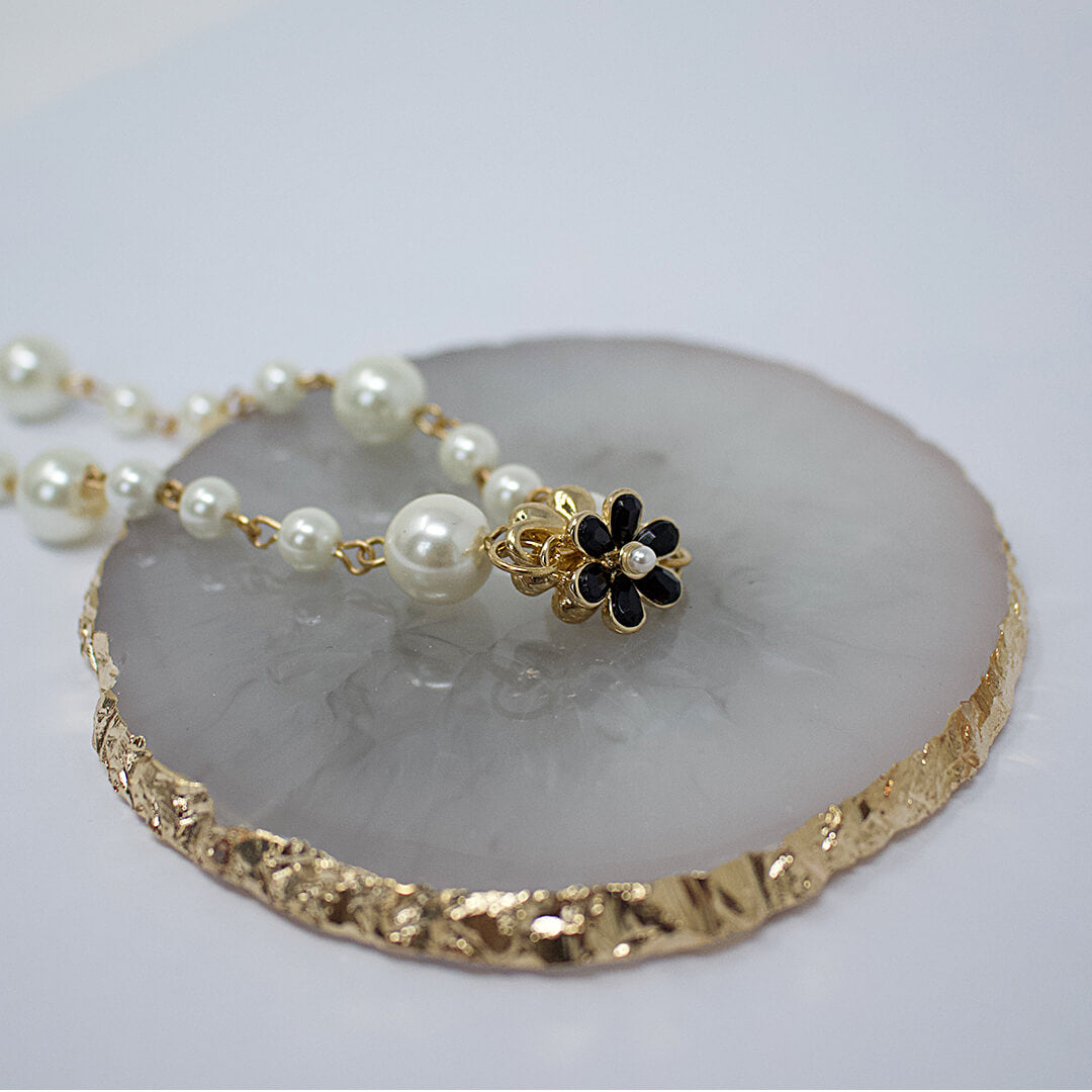  Pearl Earrings & Matching Pearl Necklace Irina shown on a marble grey flat display - BELLE DE SOIREE Irina