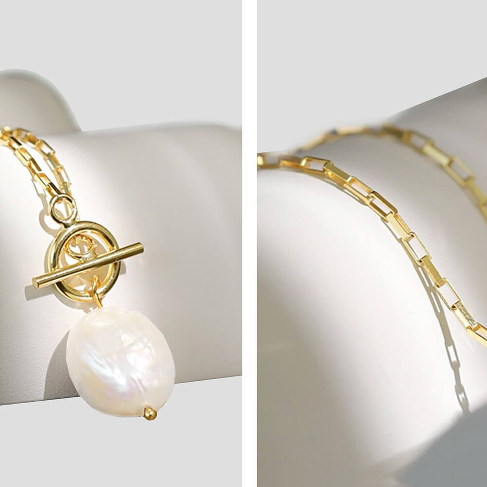 Pearl Sterling Silver Gold Necklace shown on a white background. Ideal for a gift - Belle de Soiree ideal women gifts