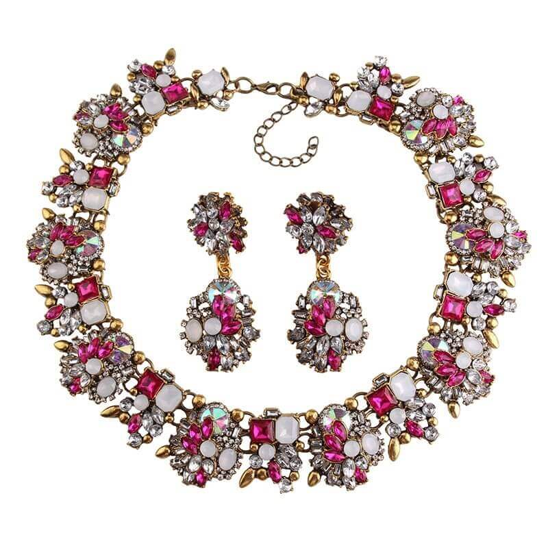 Pink Vintage Crystal Statement Jewellery Set Zoya  -belledesoiree.com