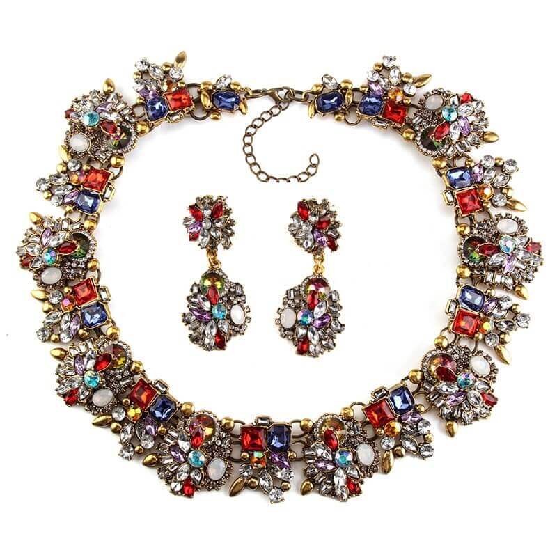 Red Crystal Statement Necklace &amp; Matching Earrings Set Livia  -belledesoiree.com