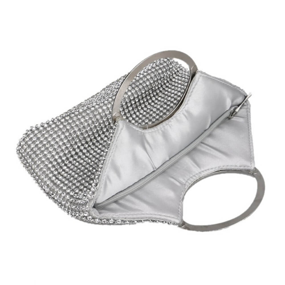 Rhinestones ANNA BUCKET BAG is shown flat with an elegant zipper so you do not lose anything. BELLE DE SOIREE ANNA bucket rhinestones bag