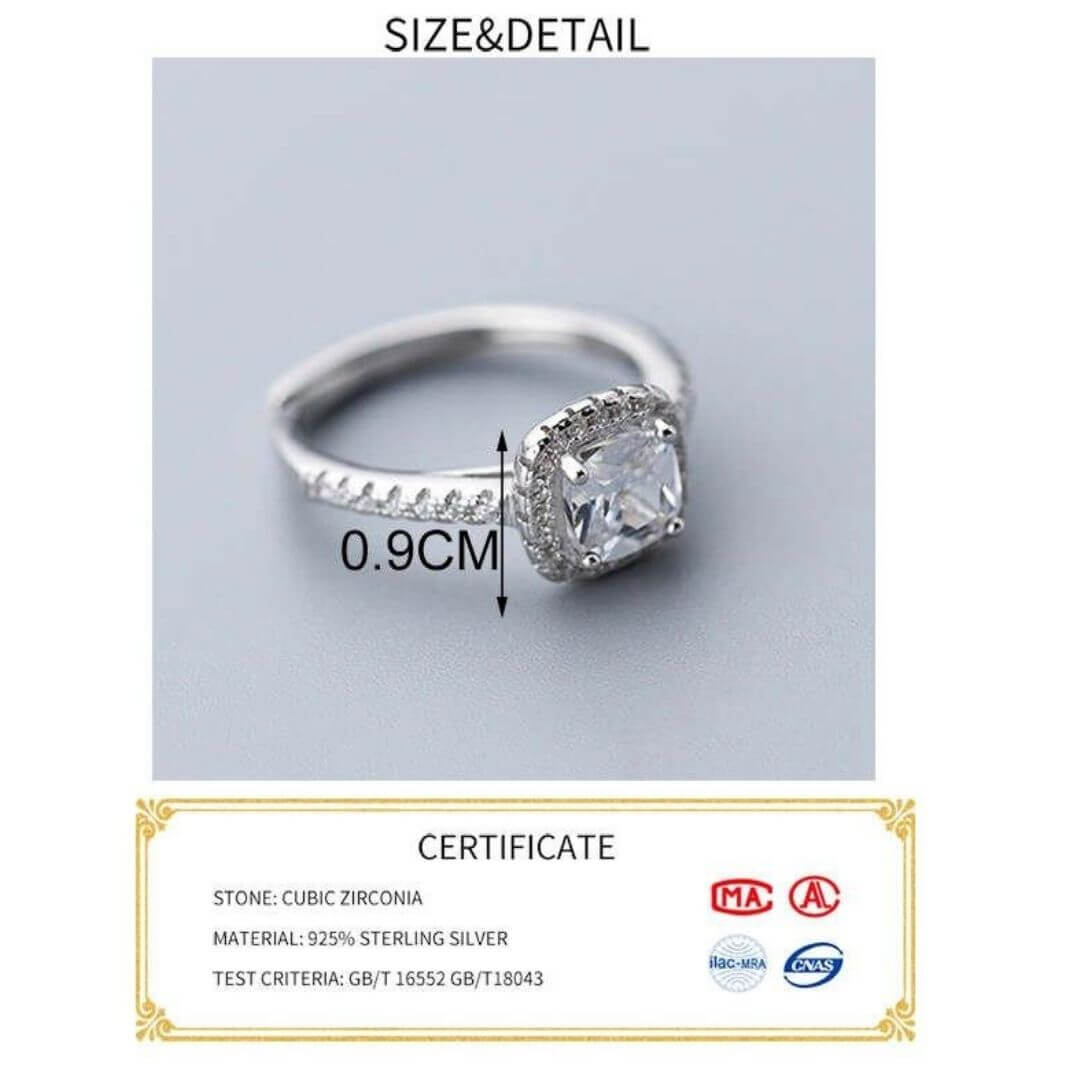 Stunning Resizable 925 Sterling Silver Halo Ring showing its measurements- BELLEE DE SOIREE Resizable 925 Sterling Silver Halo Ring 