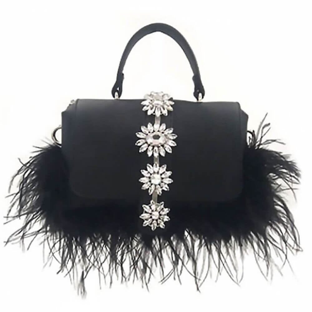 Elegant Rhinestone Black Bag with one handle shown on a white background - belledesoiree.com