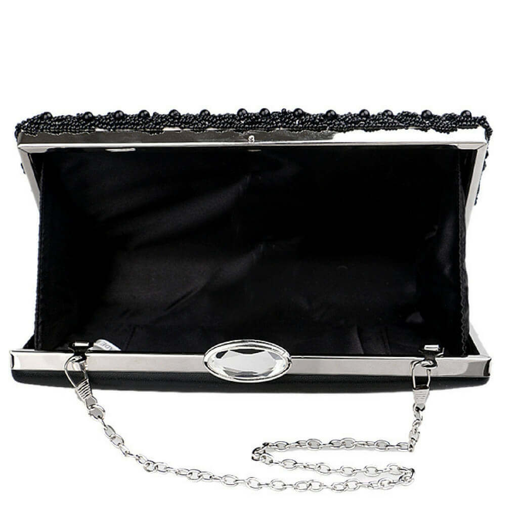 "The Black & silver Beaded"- Clutch Bag with rhinestones shown open with a silver chain-Belle de Soiree, your clutch bag for the evening 