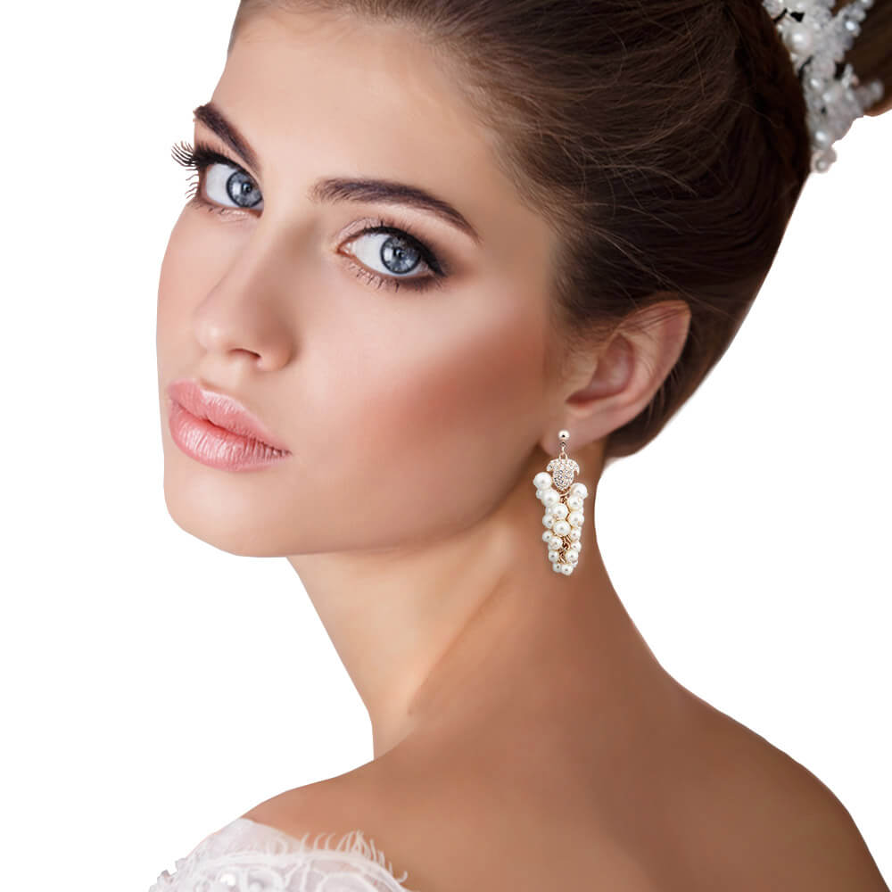 White Pearl & Crystal Drop Earrings "The Grapes"  - belledesoiree.com