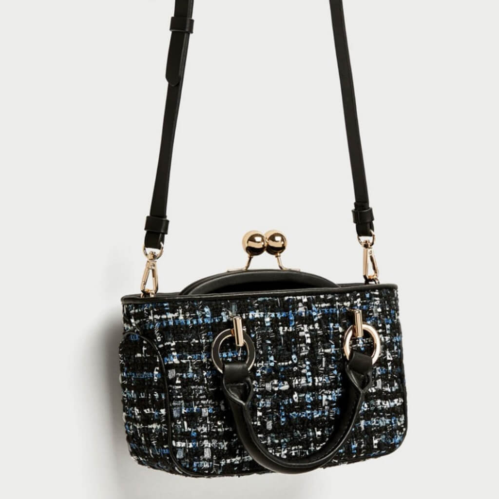  Multifunctional Mix Grey,  Blue & Black Handbag Edith- shown with the 2 handles and a longer one -belledesoiree.com