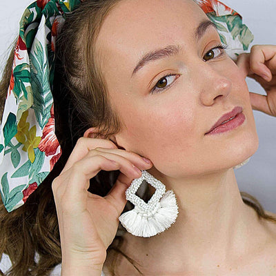 White Beaded Tassel Earrings