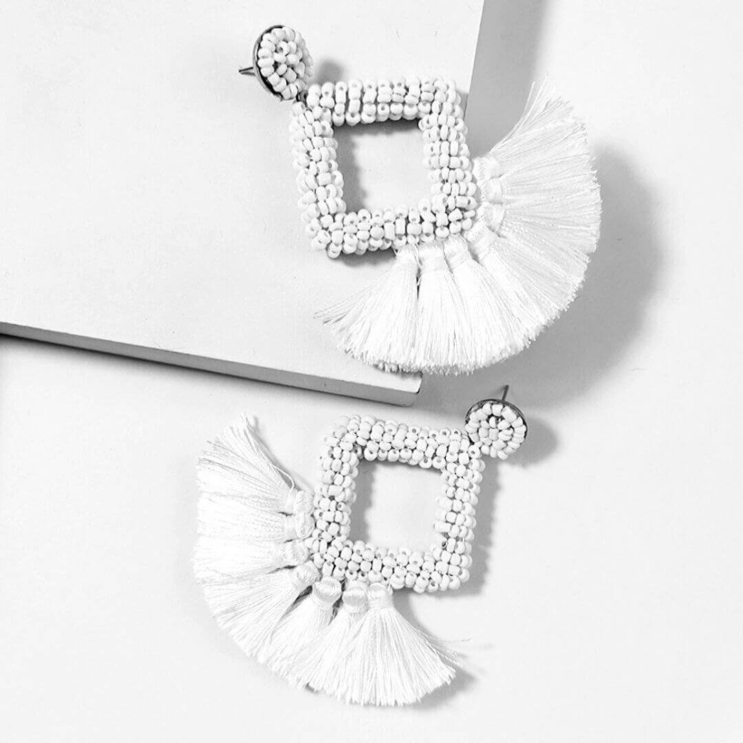  White Handmade Beaded Tassel Earrings Merignac -belledesoiree