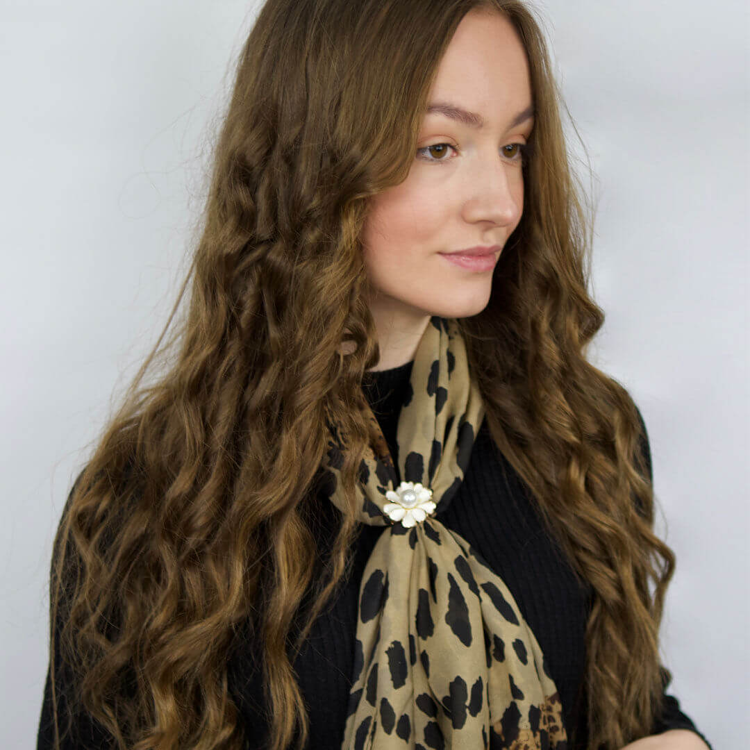 chic Leopard Print Scarf with a white flower to keep it looking nice- belle de soiree