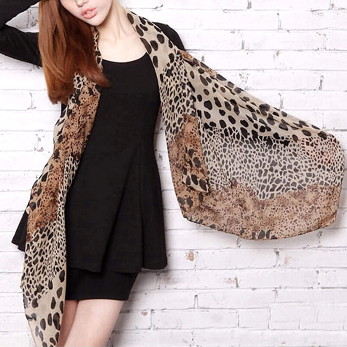 Leopard Print Scarf open worn by a woman with red hair-belle de Soiree